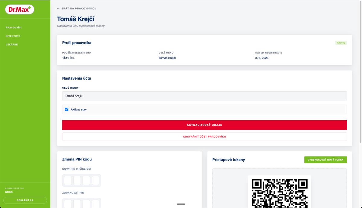 Detail pracovníka s nastavením PIN kódu a QR prístupovým tokenom pre skener